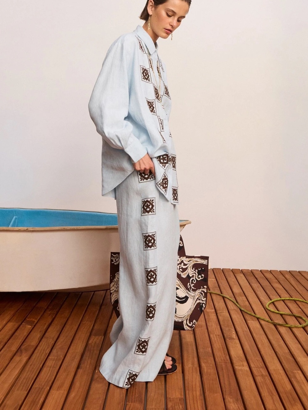 Alemais Grace pants Light Blue Embroidered Wide-Leg Pants, US2 4 6 8